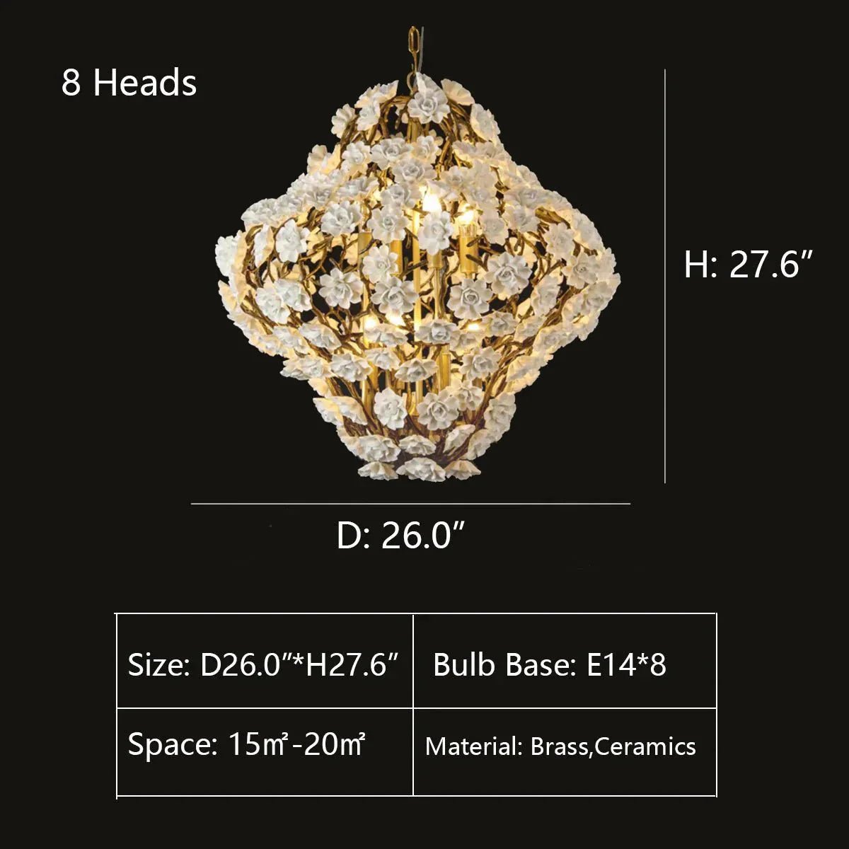 Brass and Ceramic Flower Art Chandelier Post Modern Light Luxury Style for Living and Dining Areas - 8 Lights: D26.0"*H27.6"Warm LightBlushlighting