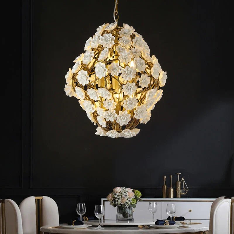 Brass and Ceramic Flower Art Chandelier Post Modern Light Luxury Style for Living and Dining Areas - Blushlighting