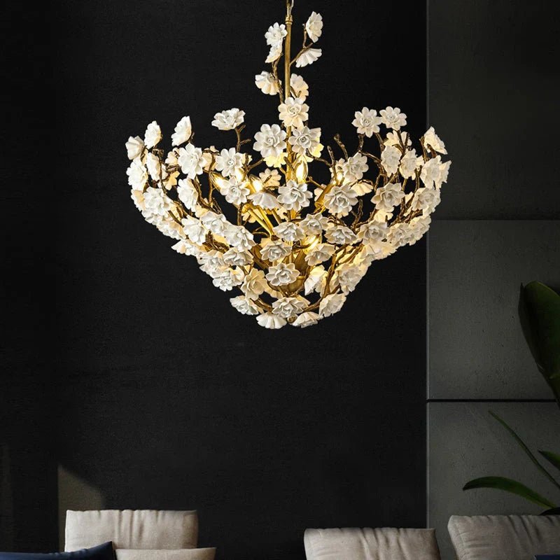 Brass and Ceramic Flower Art Chandelier Post Modern Light Luxury Style for Living and Dining Areas - Blushlighting