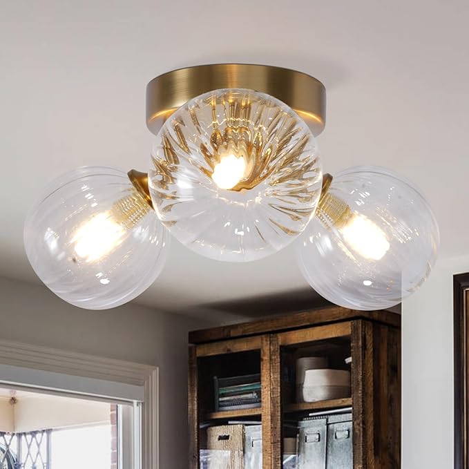 Bubble Ball Swirled Glass Chandelier 3-Light Semi Flush Mount Ceiling Mid Century Light Fixture