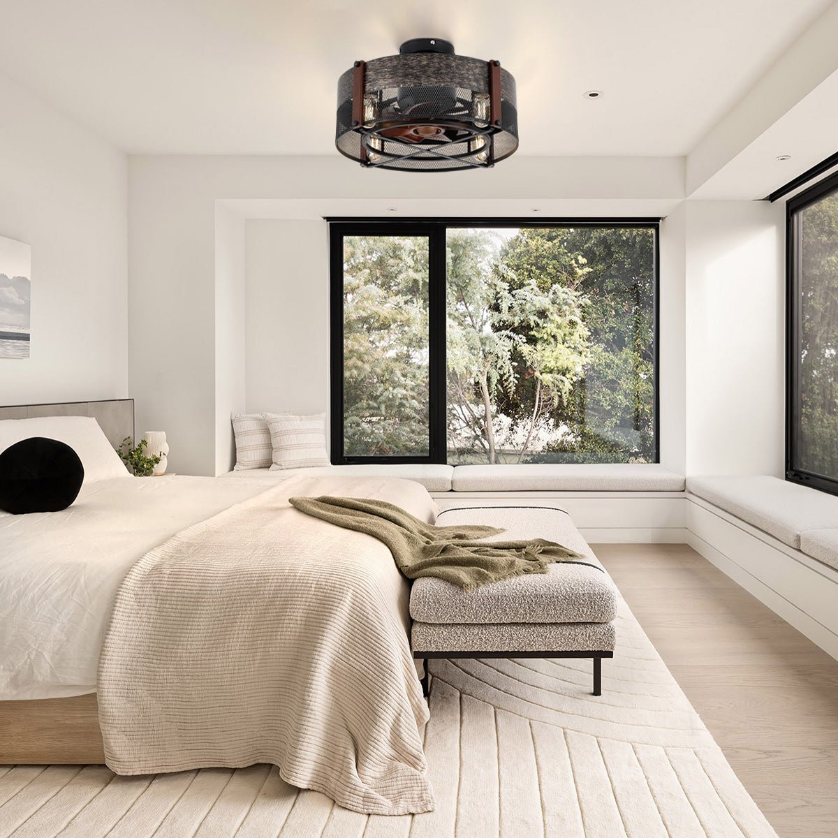 Caged Ceiling Fan with Light and Remote Black Bladeless Reversible Low Profile 19" - Blushlighting