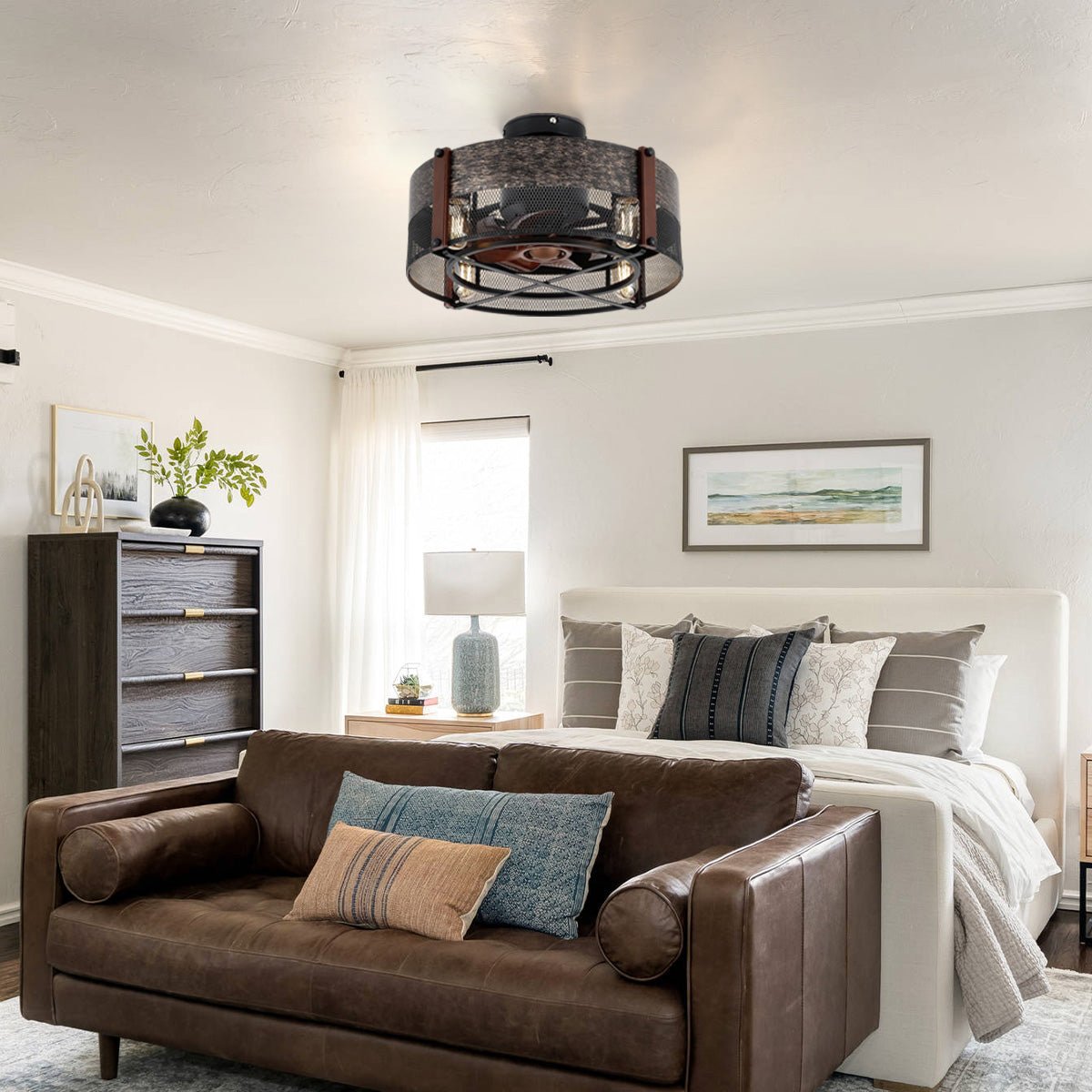 Caged Ceiling Fan with Light and Remote Black Bladeless Reversible Low Profile 19" - Blushlighting