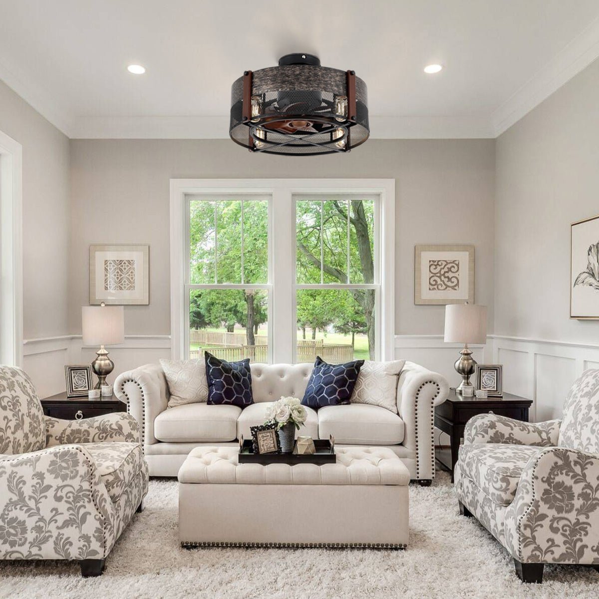 Caged Ceiling Fan with Light and Remote Black Bladeless Reversible Low Profile 19" - Blushlighting