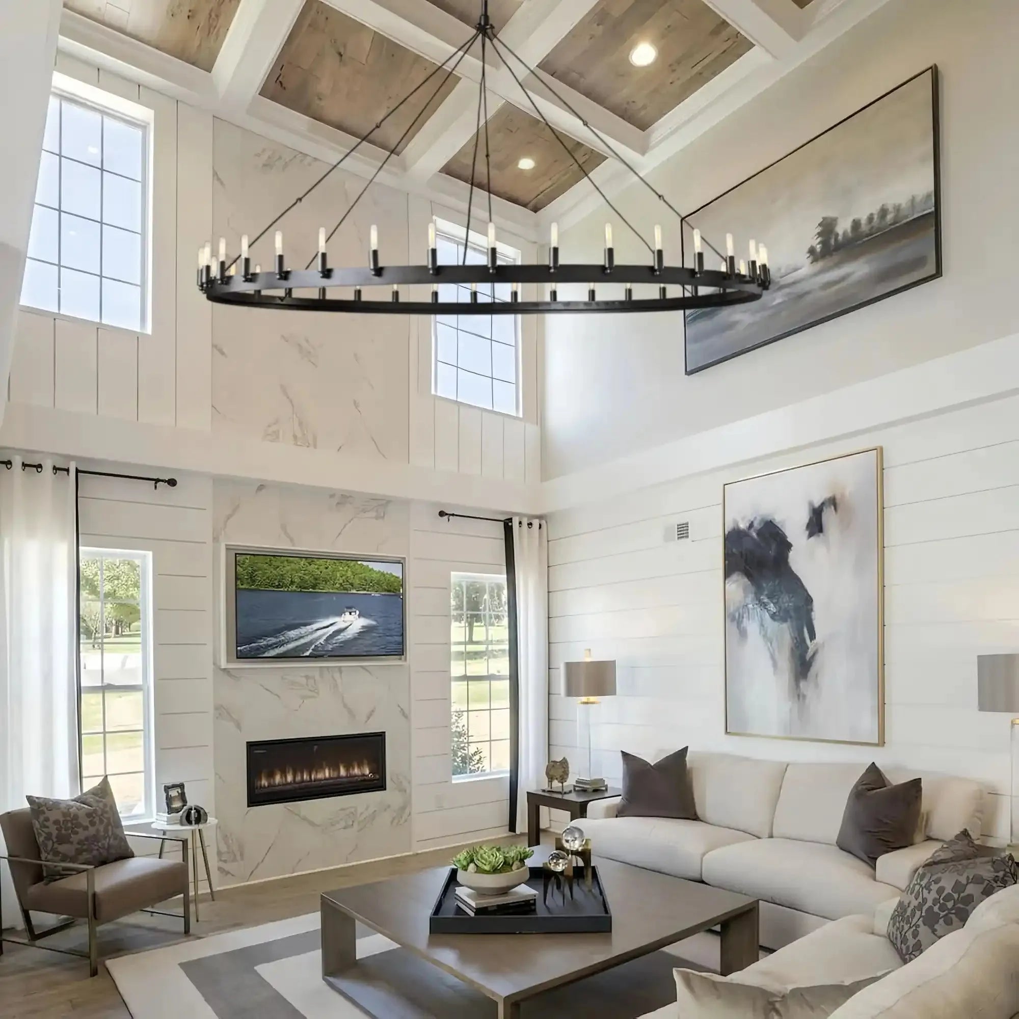 Camina Luxury Vintage Round Chandelier-Round 73'' 36-Light-Matte Black-Filament