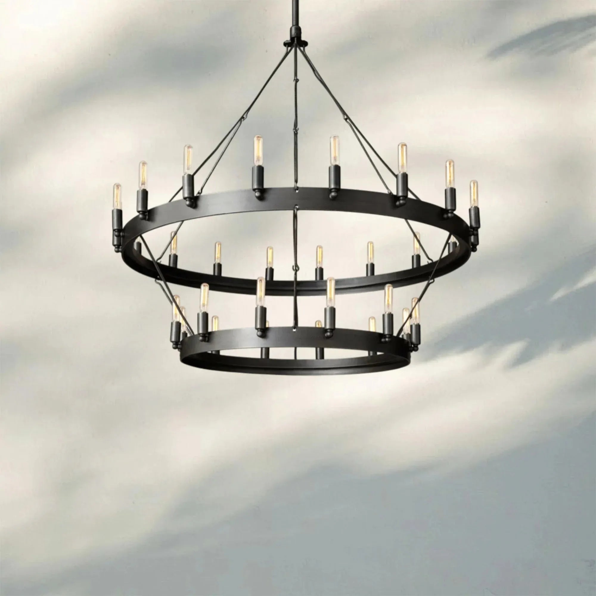 Camina Vintage 2-Tier Round Chandelier-38" 30-Light-Matte Black-Filament