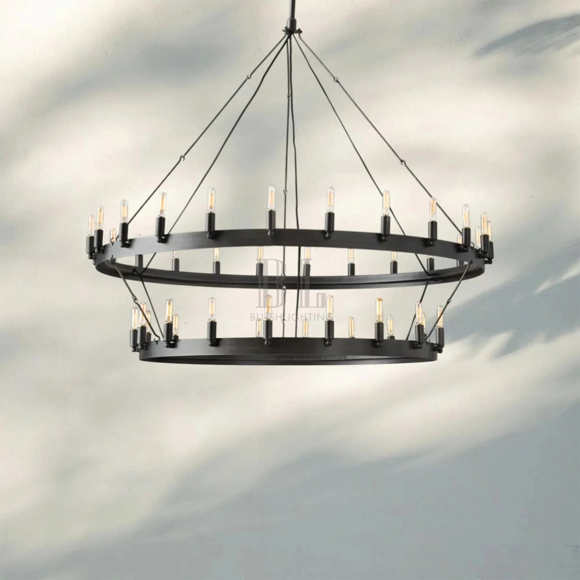 Camina Vintage 2-Tier Round Chandelier-50" 42-Light-Matte Black-Filament