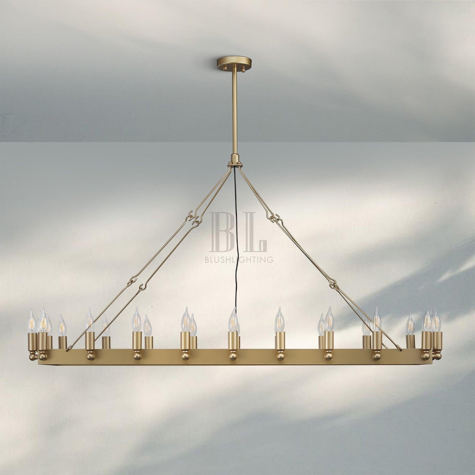 Camina Vintage Rectangle Chandelier 41’‘ 52’‘-52"W-Lacquered Burnished Brass-Candelabra