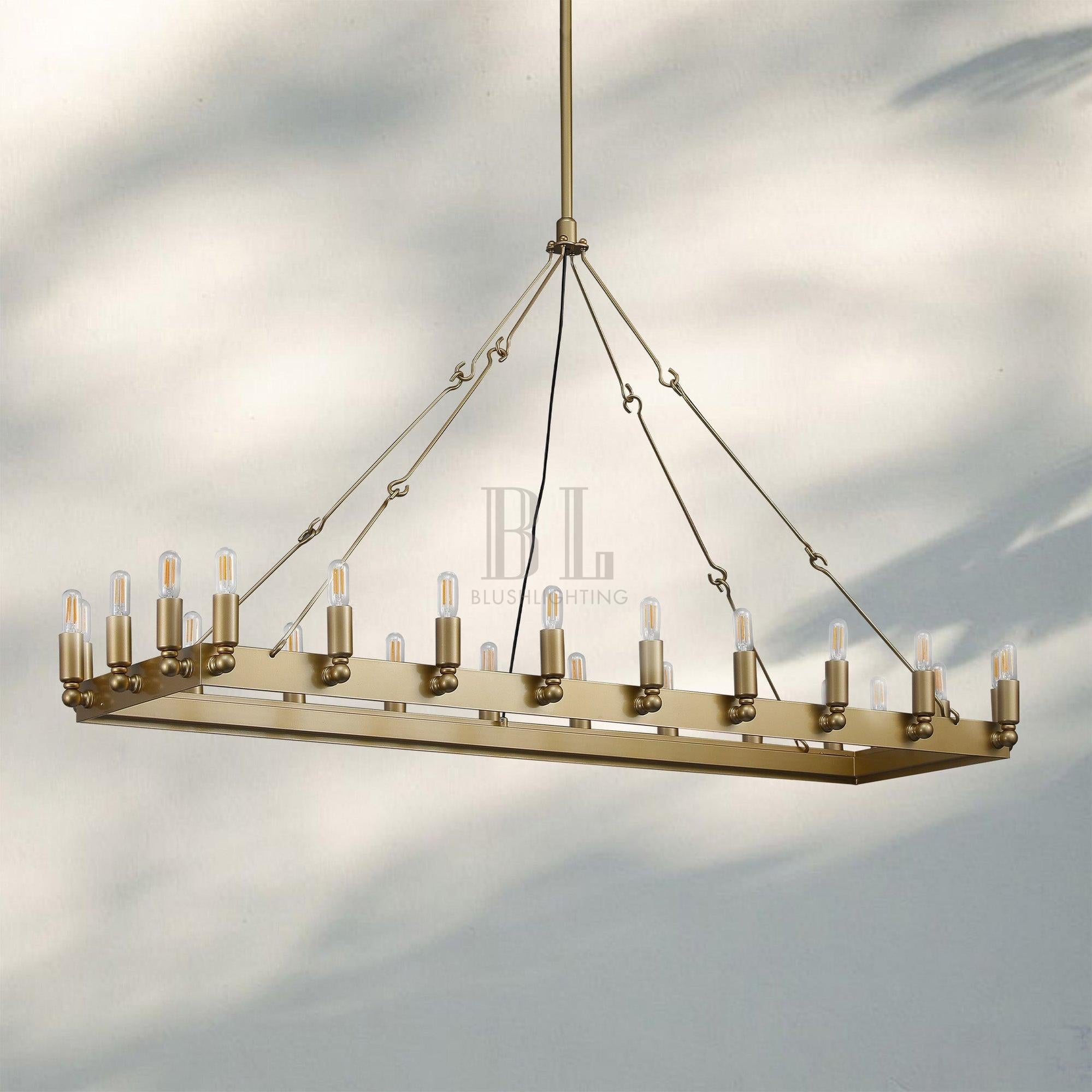 Camina Vintage Rectangle Chandelier 41’‘ 52’‘-41"W-Lacquered Burnished Brass-Filament