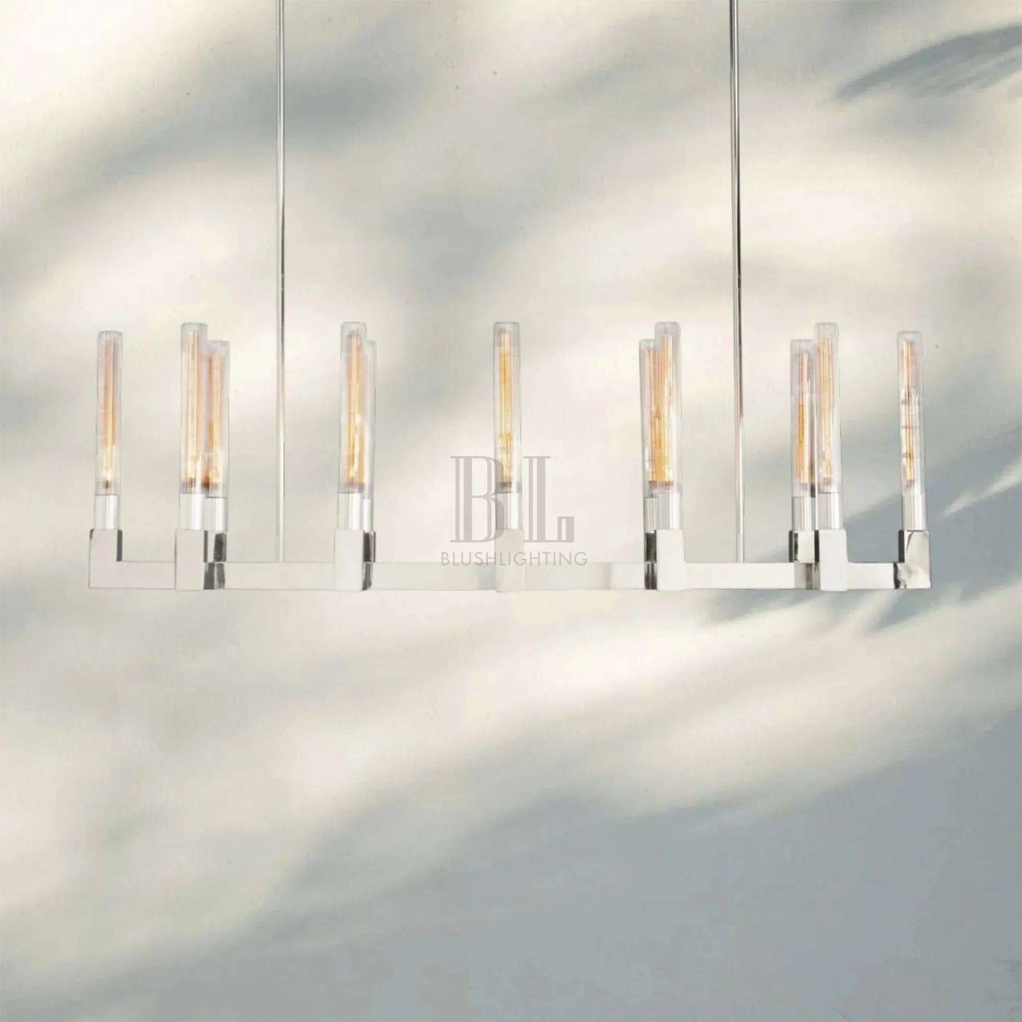 Cannel Candlestick Glass Linear Chandelier-Linear 67"L 12-Light-Polished Nickel-