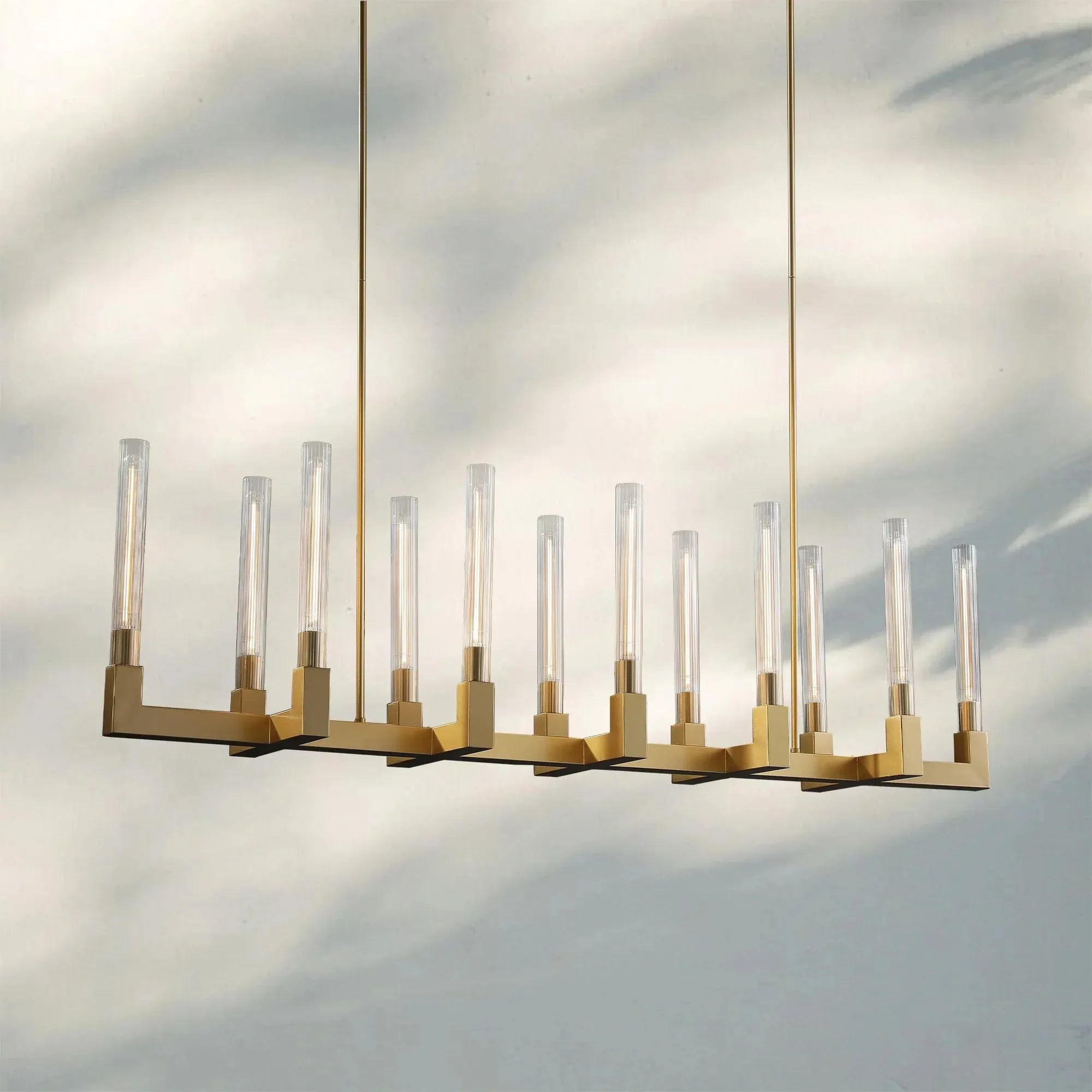 Cannel Candlestick Glass Linear Chandelier-Linear 67"L 12-Light-Lacquered Brass-