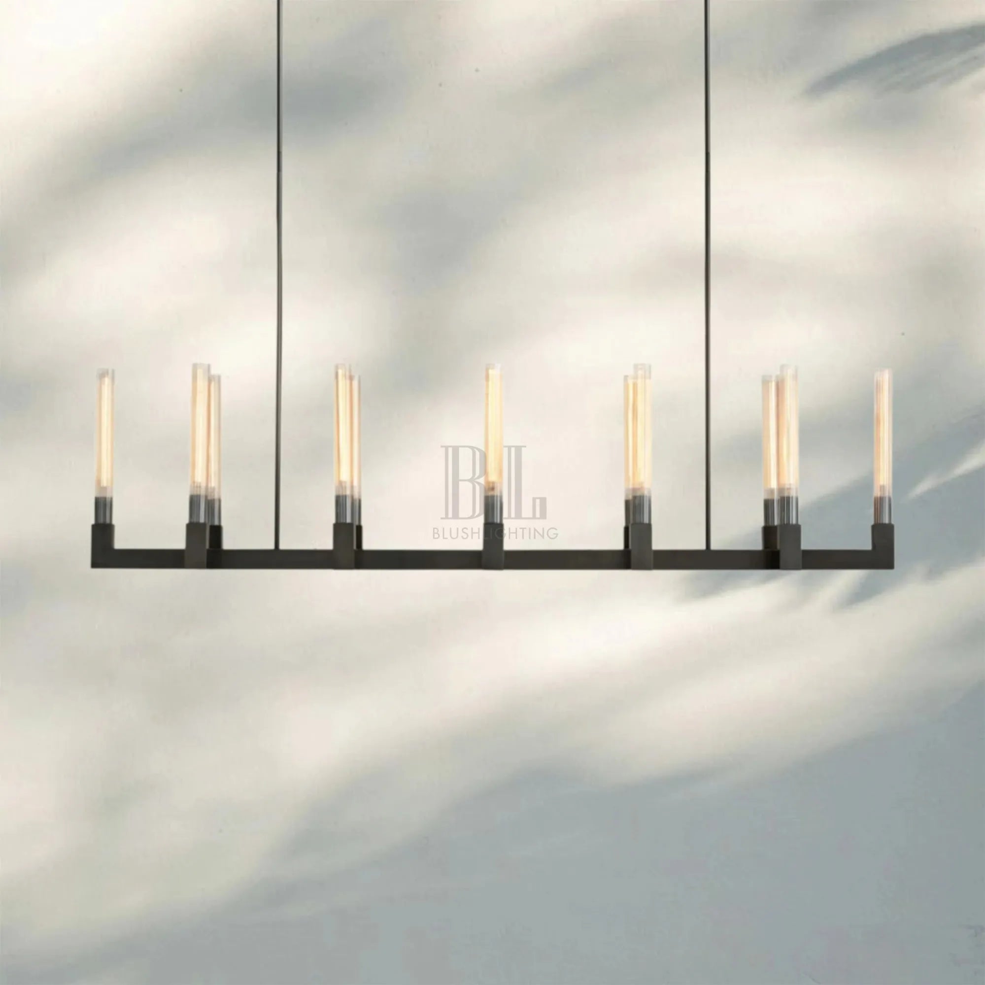 Cannel Candlestick Glass Linear Chandelier-Linear 72"L 14-Light-Matte Black-