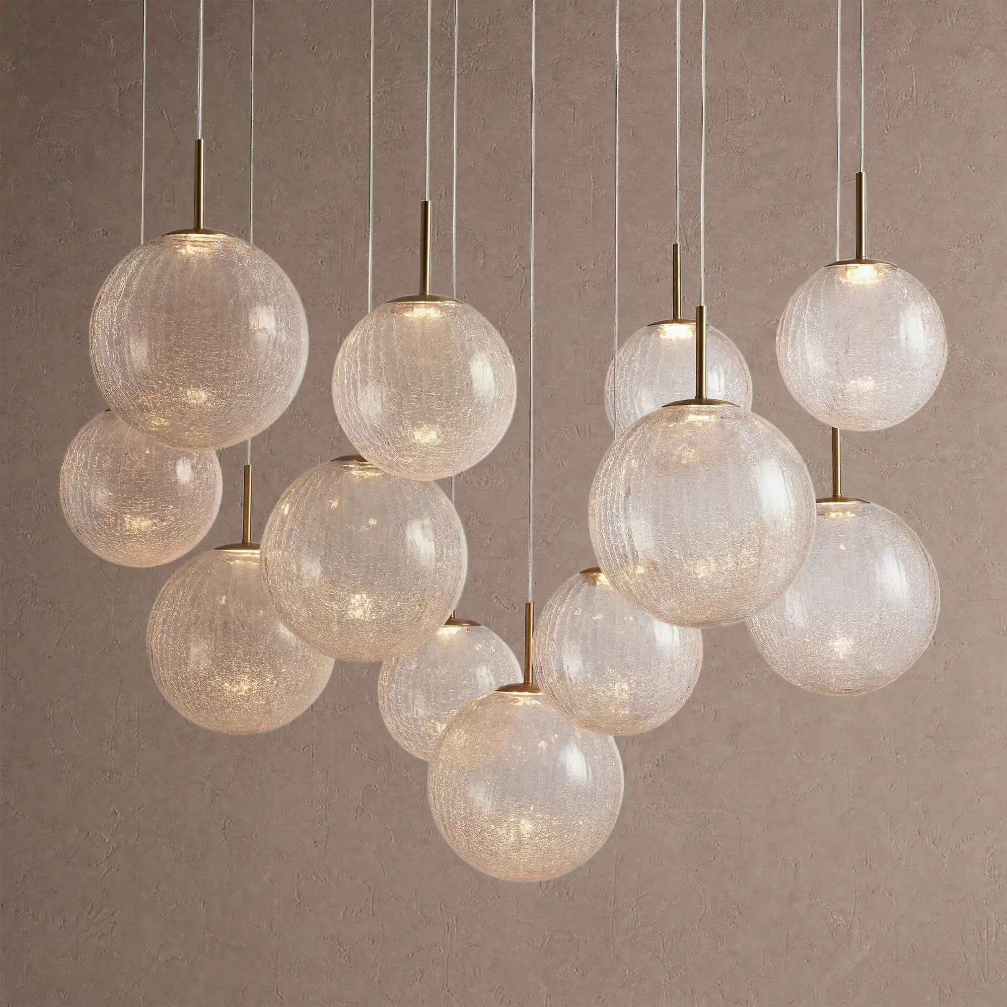 Casen Modern Round Chandelier - Hand-Blown Crackle Glass & Satin Brass LED Pendant Light - 12-Light 43''CrackleBlushlighting