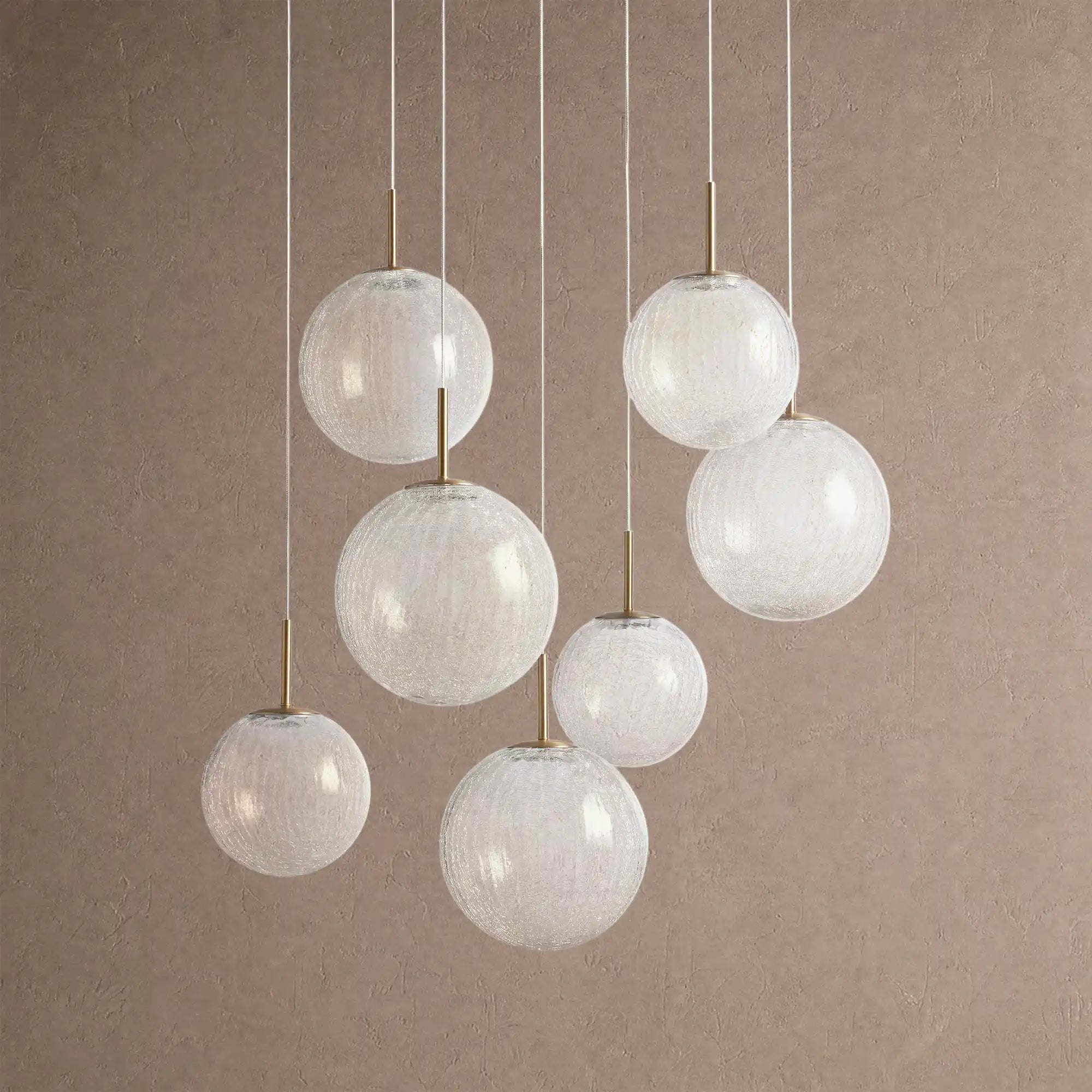 Casen Modern Round Chandelier - Hand-Blown Crackle Glass & Satin Brass LED Pendant Light - 7-Light 34''CrackleBlushlighting