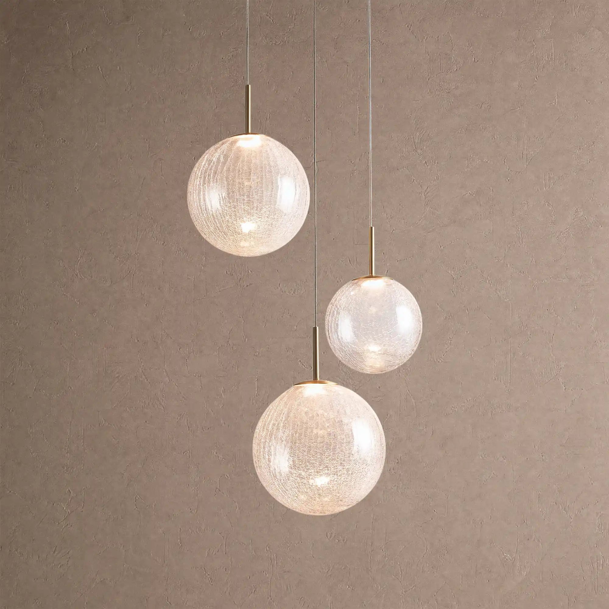 Casen Modern Round Chandelier - Hand-Blown Crackle Glass & Satin Brass LED Pendant Light - 3-Light 20''CrackleBlushlighting