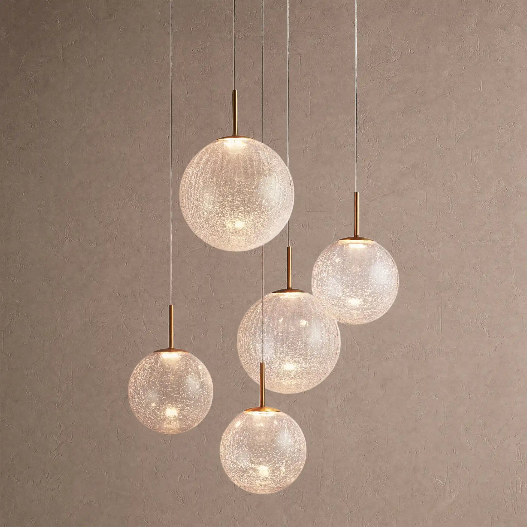 Casen Modern Round Chandelier - Hand-Blown Crackle Glass & Satin Brass LED Pendant Light - 5-Light 28''CrackleBlushlighting