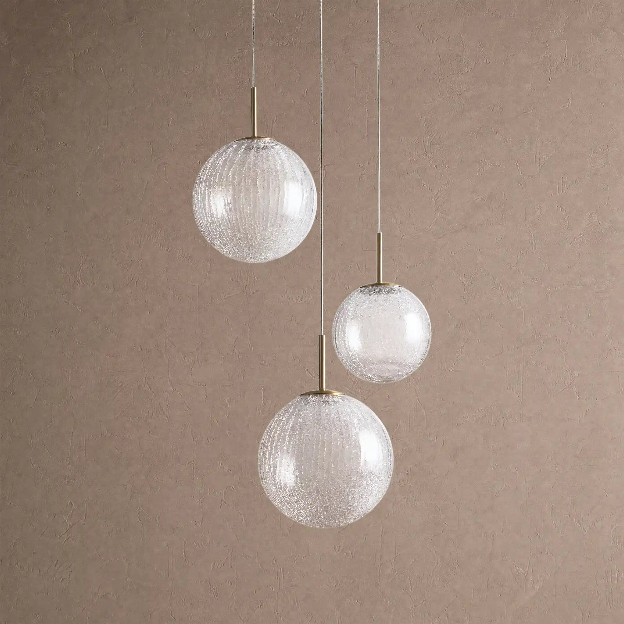 Casen Modern Round Chandelier - Hand-Blown Crackle Glass & Satin Brass LED Pendant Light - 3-Light 20''CrackleBlushlighting