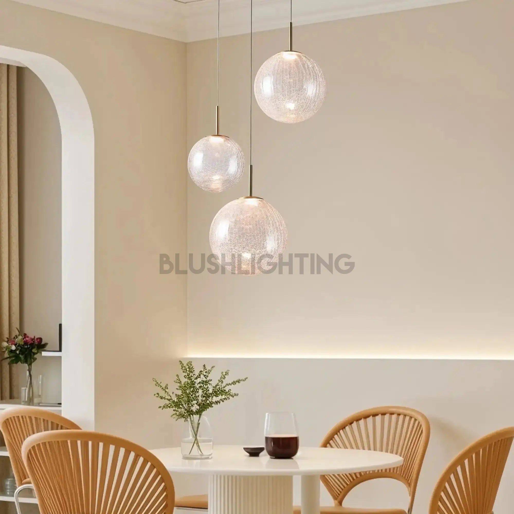 Casen Modern Round Chandelier - Hand - Blown Crackle Glass & Satin Brass LED Pendant Light - 3 - Light 20''CrackleBlushlighting