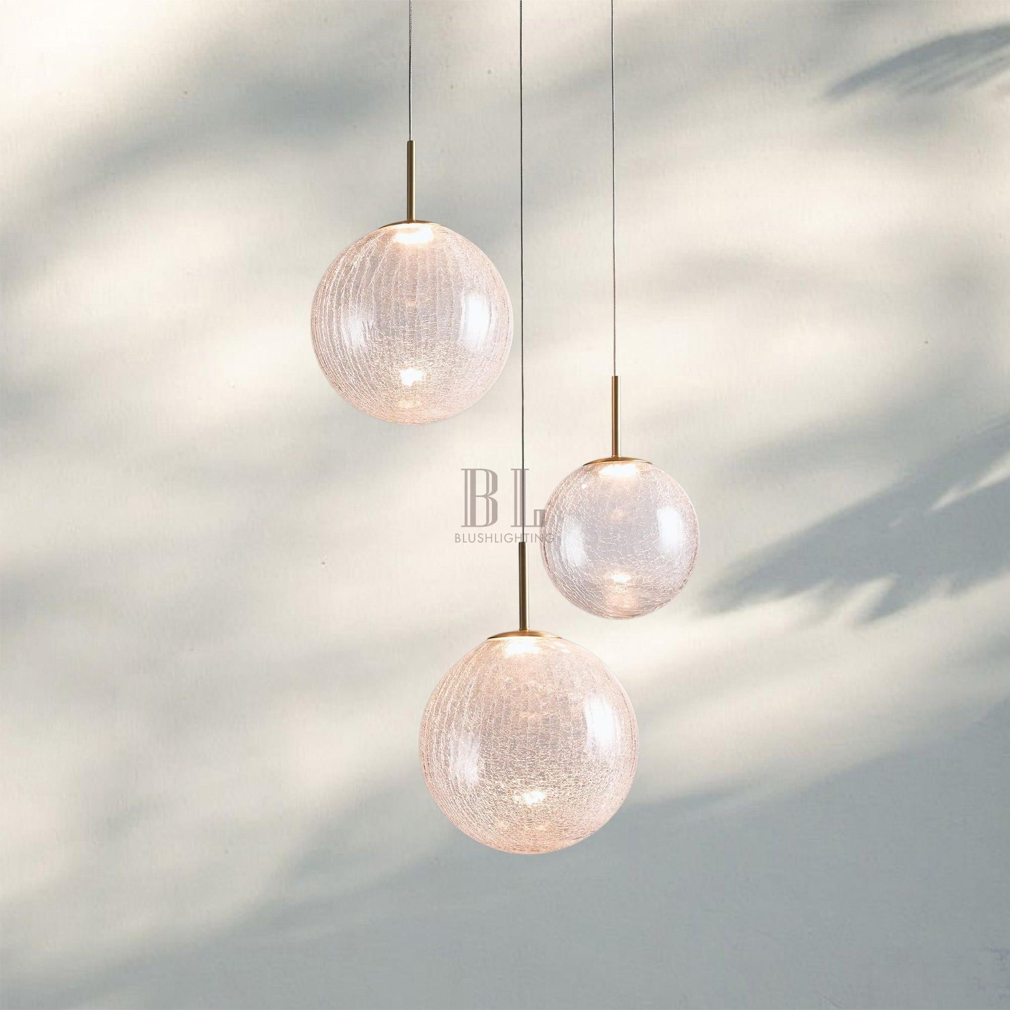 Casen Modern Round Chandelier - Hand - Blown Crackle Glass & Satin Brass LED Pendant Light - 3 - Light 20''CrackleBlushlighting