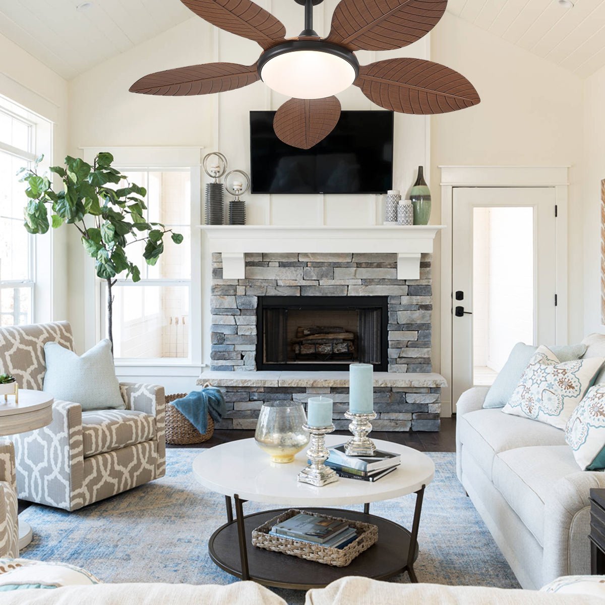 Ceiling Fan Palm Leaf Ceiling Fan 6 Speeds Reversible Ceiling Fans with Lights 48" - Blushlighting