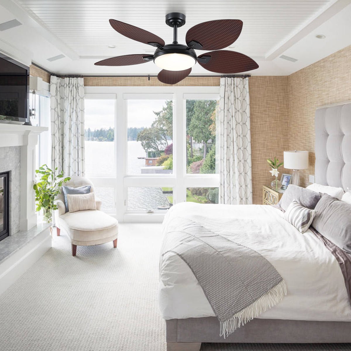 Ceiling Fans with Lights Palm Leaf Ceiling Fan for Patios Porch 6 Speeds, Reversible 52" - BrownBlushlighting