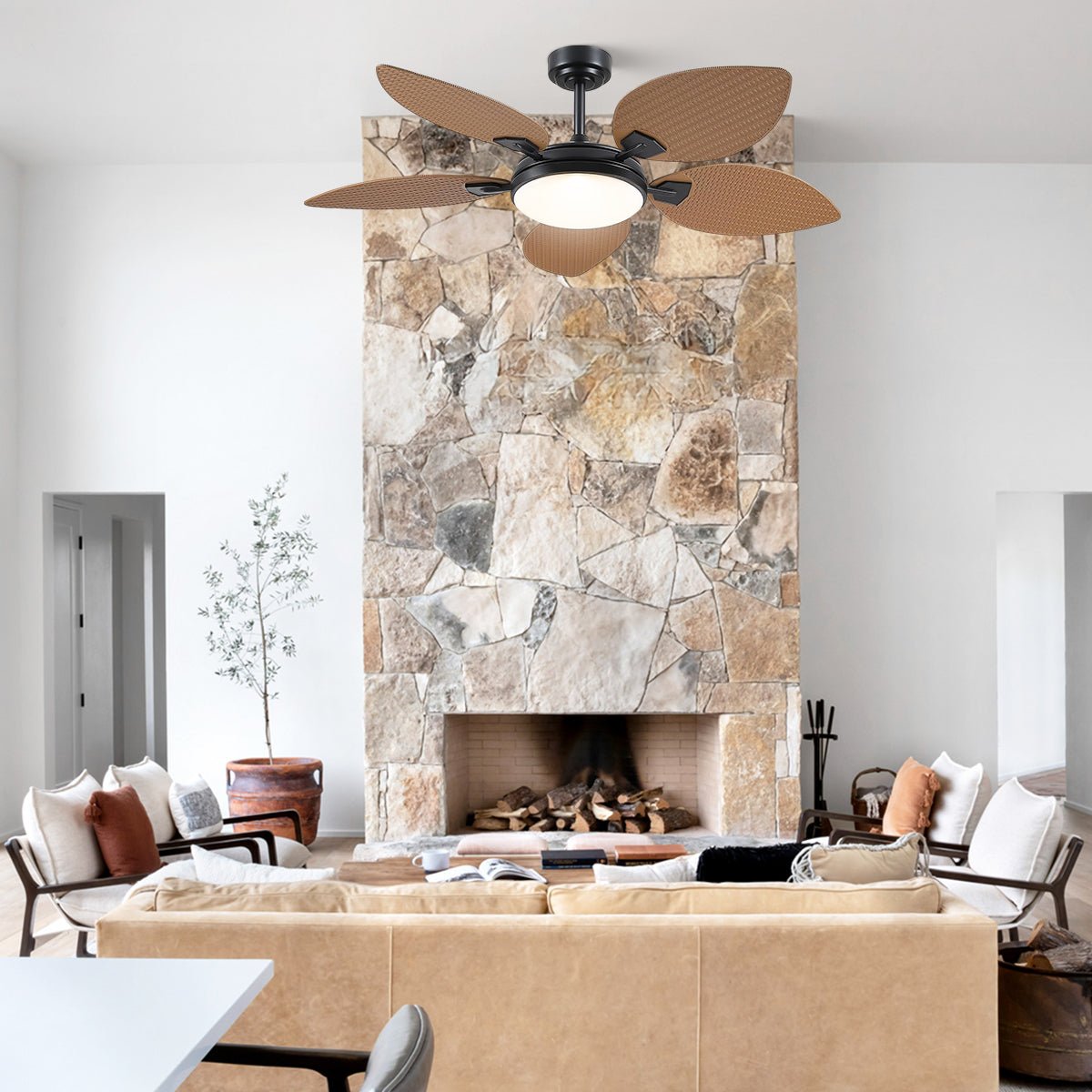 Ceiling Fans with Lights Palm Leaf Ceiling Fan for Patios Porch 6 Speeds, Reversible 52" - Blushlighting