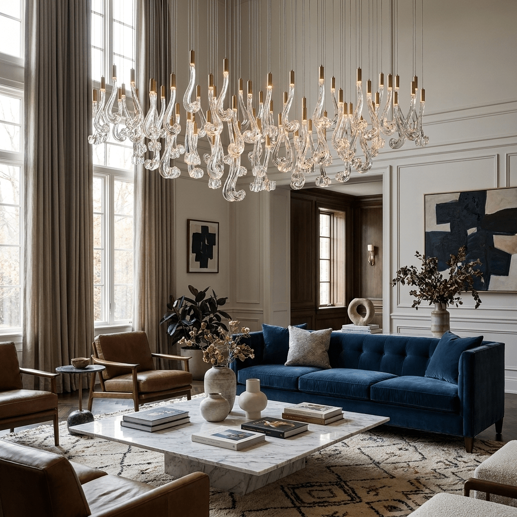 Celestia LED Glass Rain Chandelier - L 47.2″ × W 13.8″ × H 39.4″Gold & ClearWarm LightBlushlighting