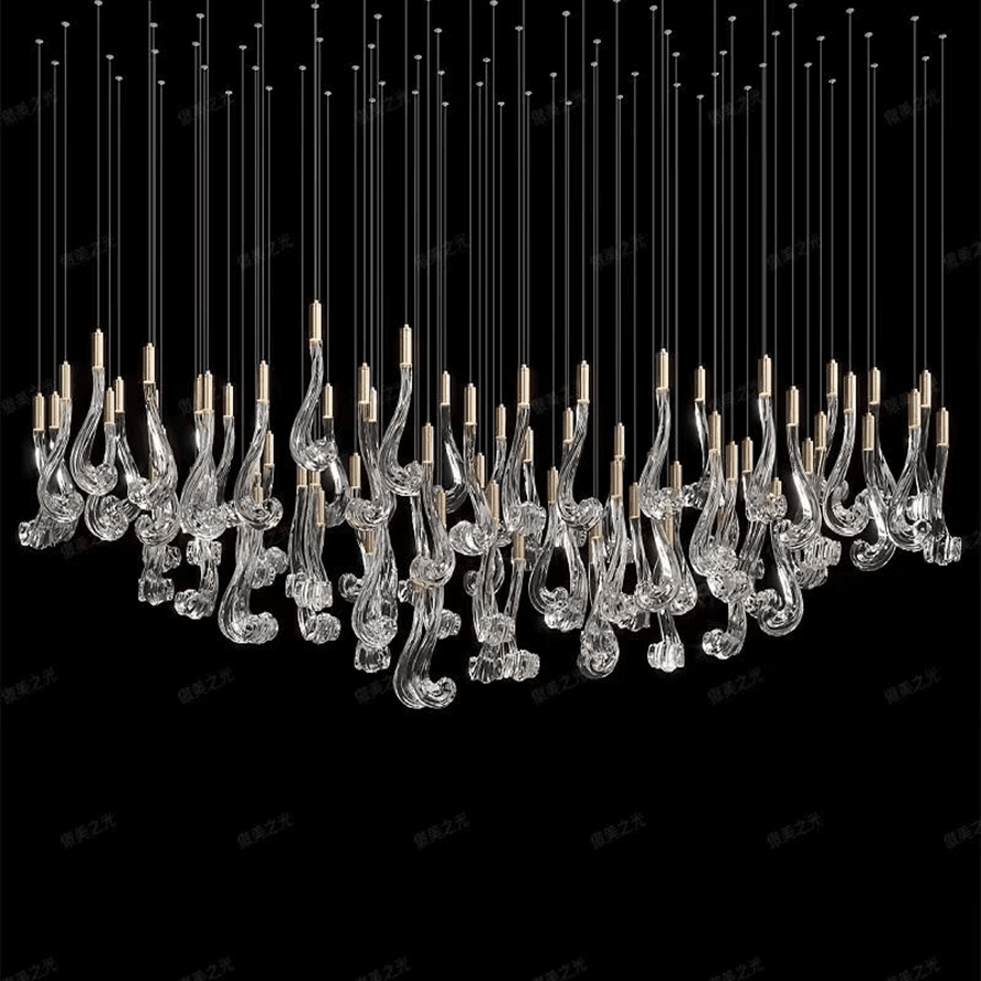 Celestia LED Glass Rain Chandelier - L 59.1″ × W 19.7″ × H 47.2″Gold & ClearWarm LightBlushlighting