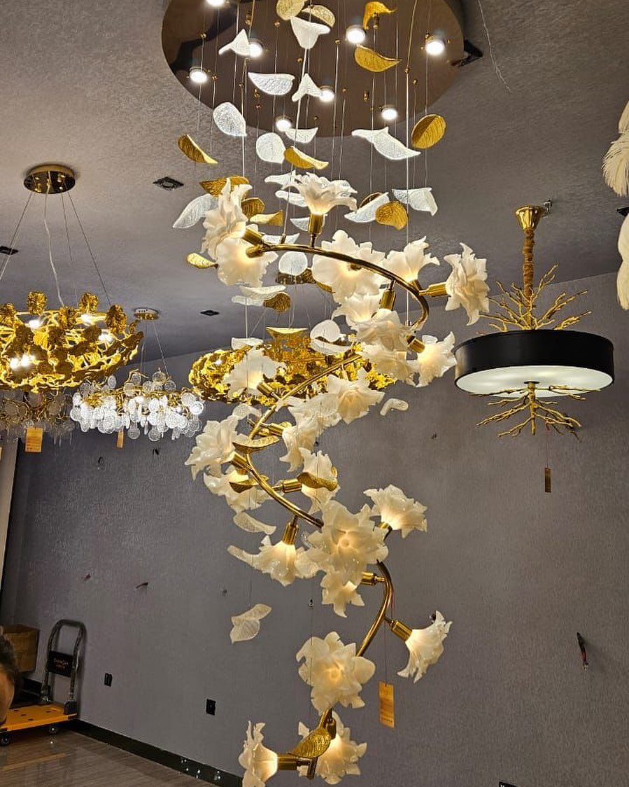 Ceramic Flower Chandelier in Artistic Brass Branch Design-Chandeliers-Blushlighting