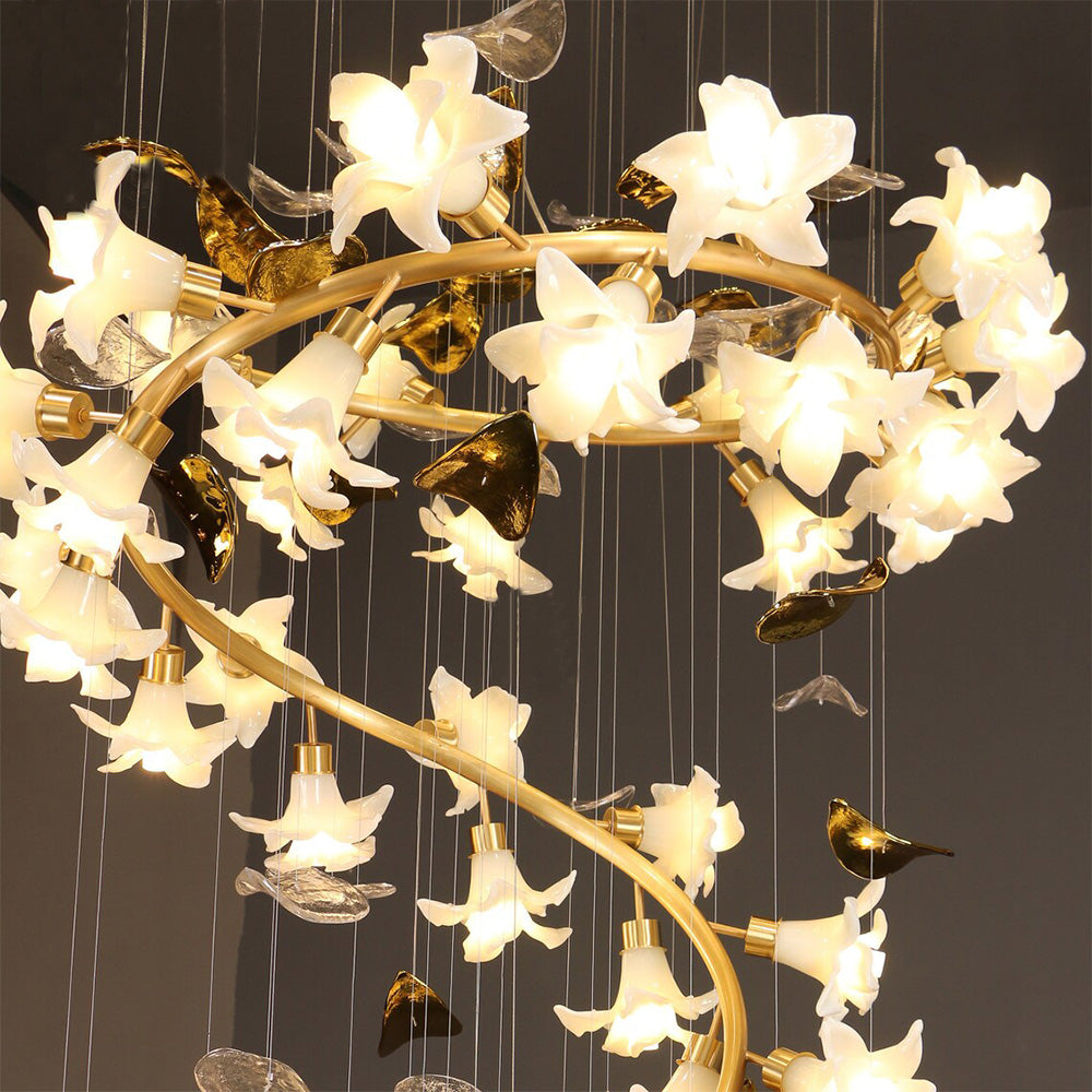 Ceramic Flower Chandelier in Artistic Brass Branch Design-Chandeliers-Blushlighting