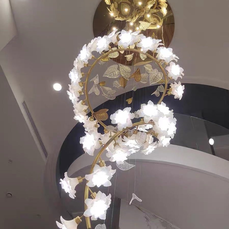 Ceramic Flower Chandelier in Artistic Brass Branch Design-Chandeliers-Blushlighting