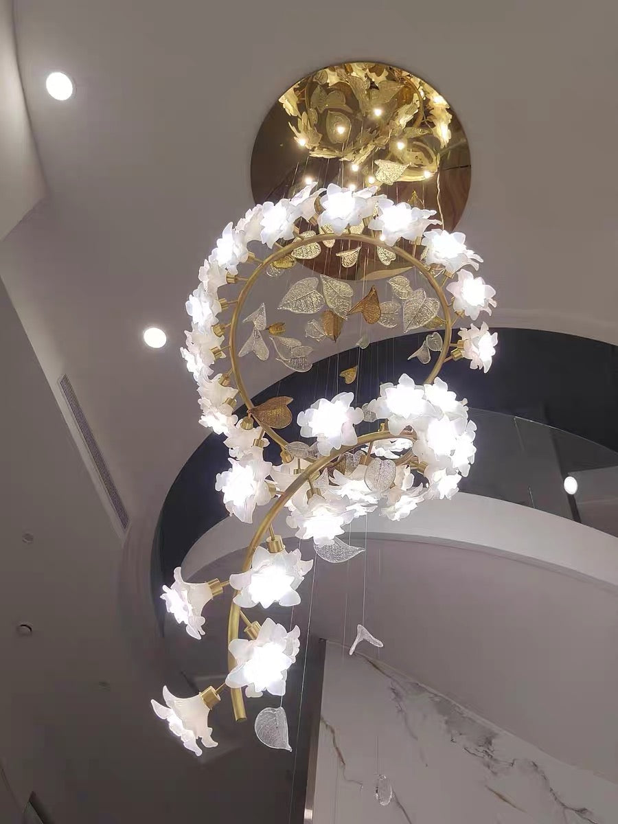 Ceramic Flower Chandelier in Artistic Brass Branch Design-Chandeliers-Blushlighting