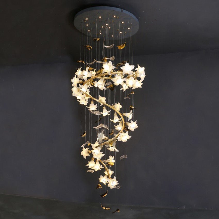 Ceramic Flower Chandelier in Artistic Brass Branch Design - D31.5"*H118.1"Warm LightBlushlighting