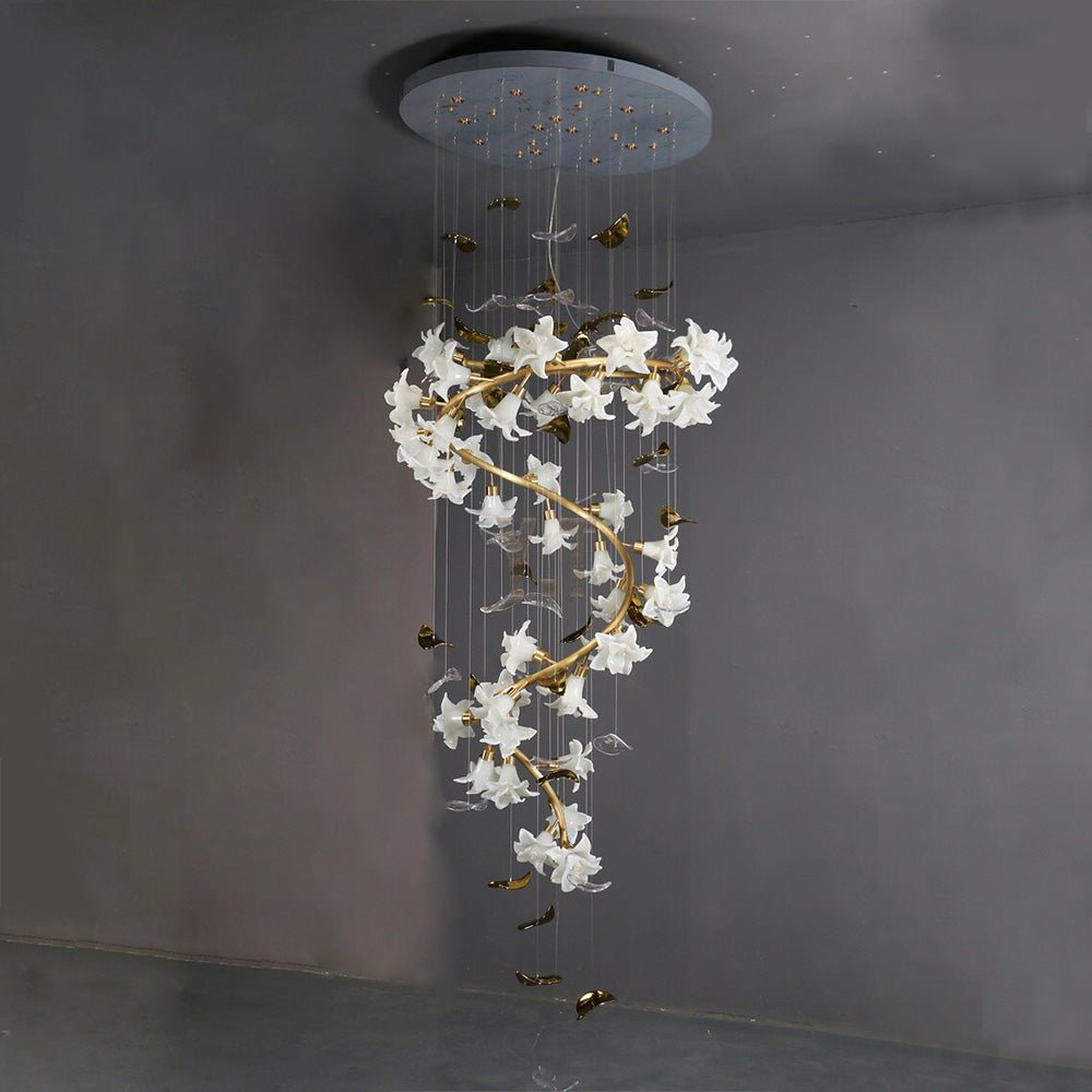 Ceramic Flower Chandelier in Artistic Brass Branch Design - D31.5"*H118.1"Warm LightBlushlighting