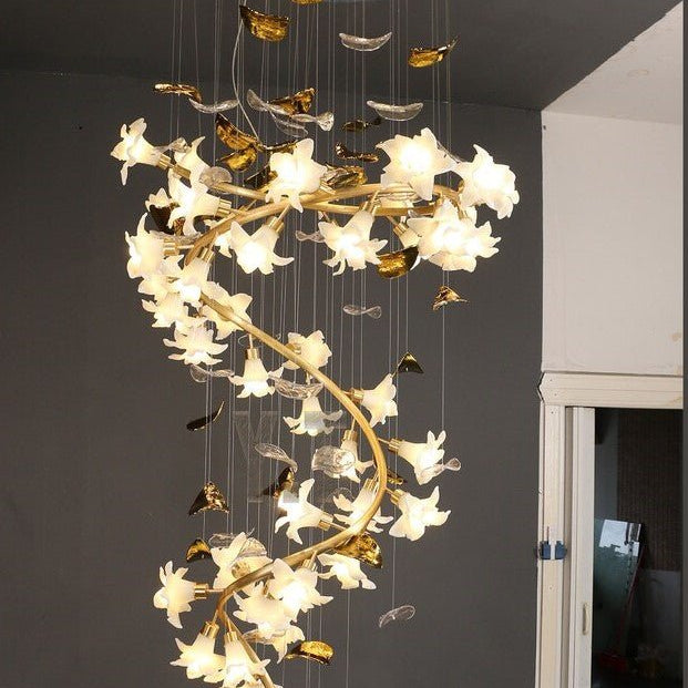 Ceramic Flower Chandelier in Artistic Brass Branch Design - D31.5"*H118.1"Warm LightBlushlighting