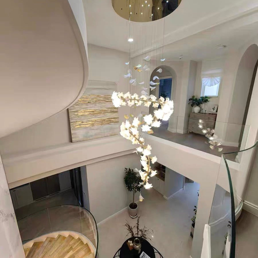 Ceramic Flower Chandelier in Artistic Brass Branch Design - D31.5"*H118.1"Warm LightBlushlighting