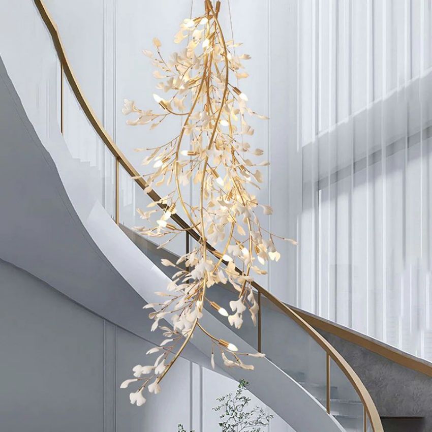 Ceramic Gingko Staircase Branch Chandelier - 23.6" D x 106.3" HBlushlighting