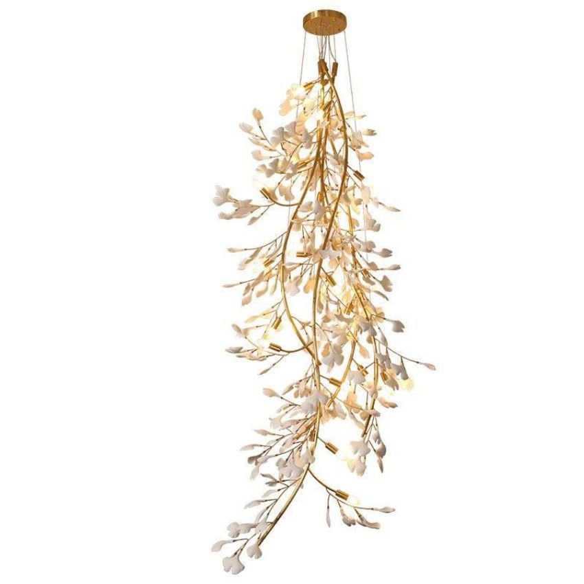 Ceramic Gingko Staircase Branch Chandelier - 23.6" D x 106.3" HBlushlighting