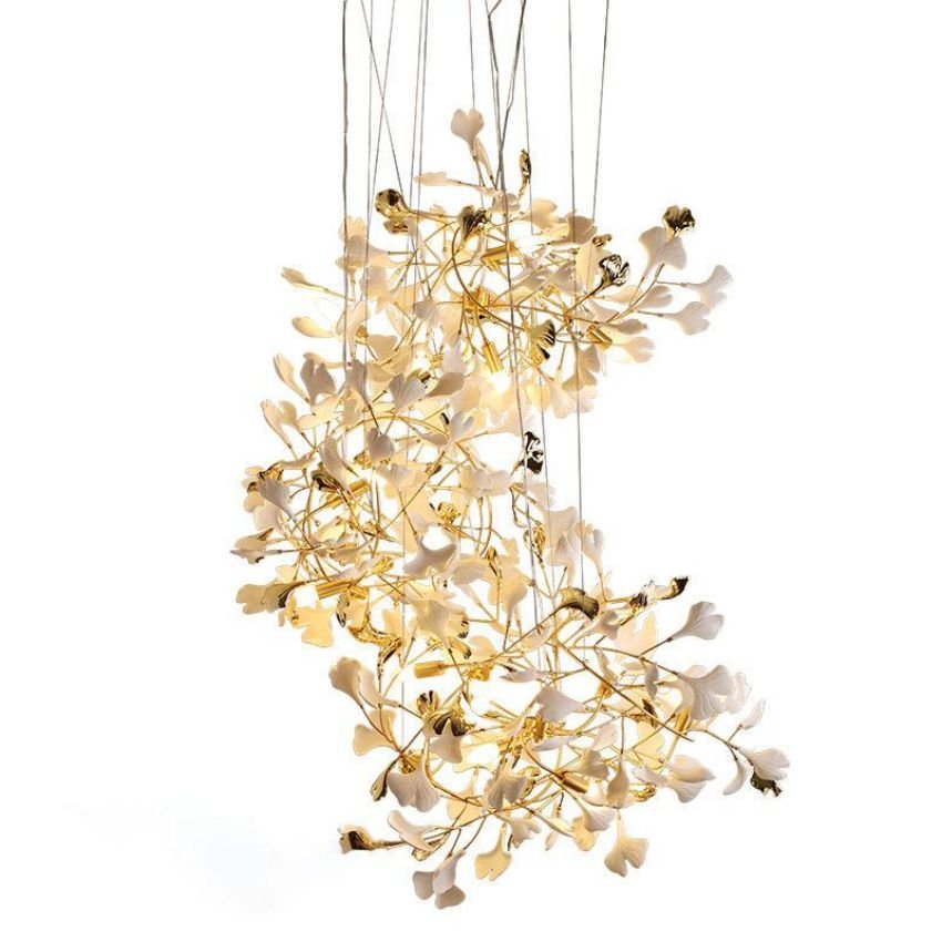 Ceramic Gingko Staircase Branch Chandelier - 23.6" D x 106.3" HBlushlighting