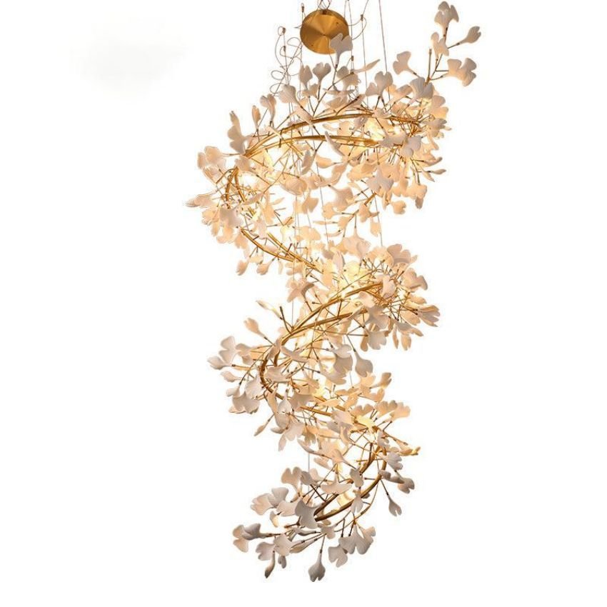 Ceramic Gingko Staircase Branch Chandelier - 23.6" D x 106.3" HBlushlighting