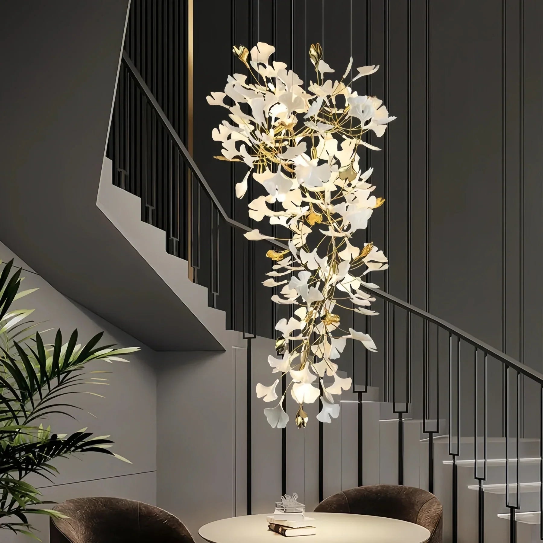 Ceramic Ginkgo Cascading A Branch Chandelier - All white leavesH150CM (H59")Blushlighting