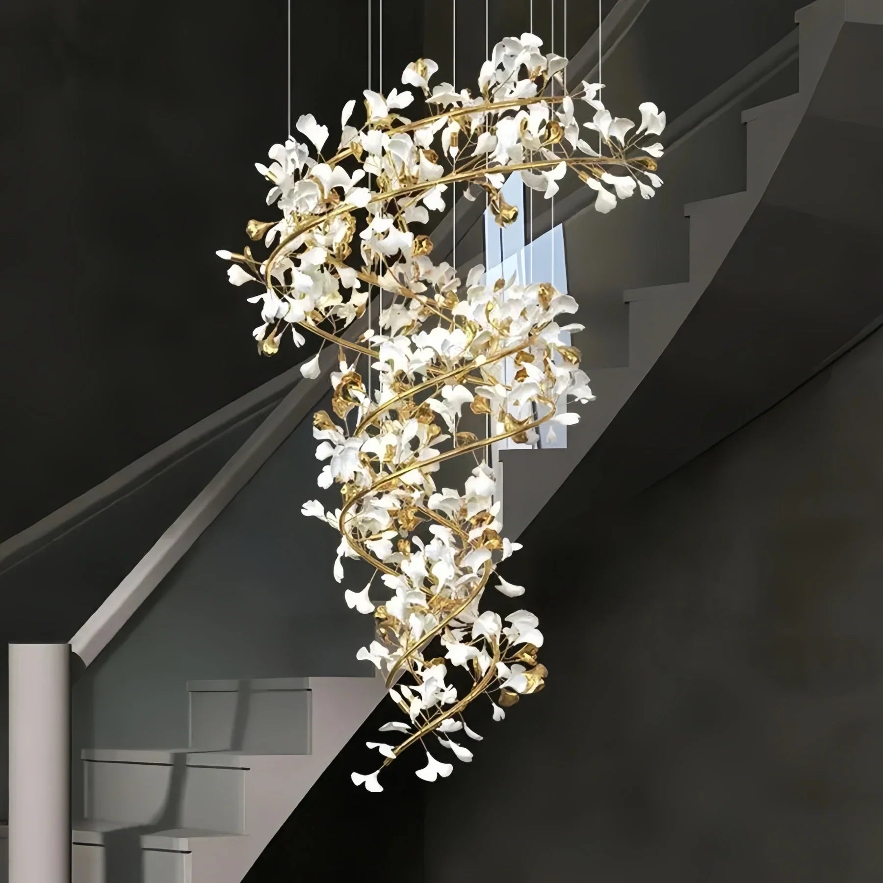 Ceramic Ginkgo Cascading B (Spiral) Branch Chandelier - All white leavesH200CM (H78¾")Blushlighting