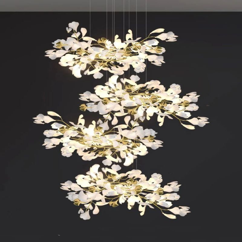 Ceramic Ginkgo Cascading Chandelier - 79"HAll white leavesBlushlighting