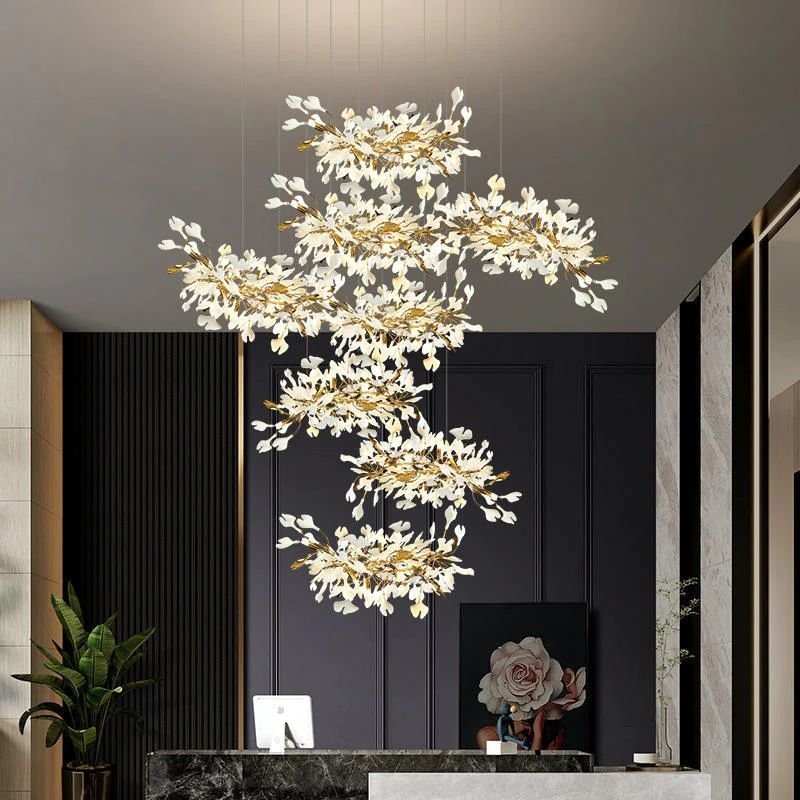 Ceramic Ginkgo Cascading Chandelier - 118"HAll white leavesBlushlighting