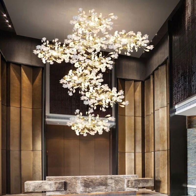 Ceramic Ginkgo Cascading Chandelier - 79"HWhite + gold accentsBlushlighting