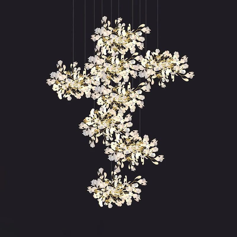 Ceramic Ginkgo Cascading Chandelier - 118"HWhite + gold accentsBlushlighting