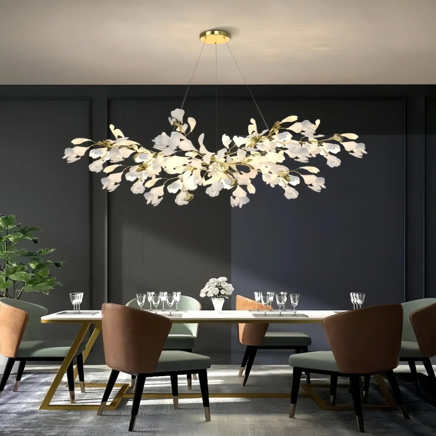 Ceramic Ginkgo Linear Branch Chandelier-All white leaves-L150CM (L59")-