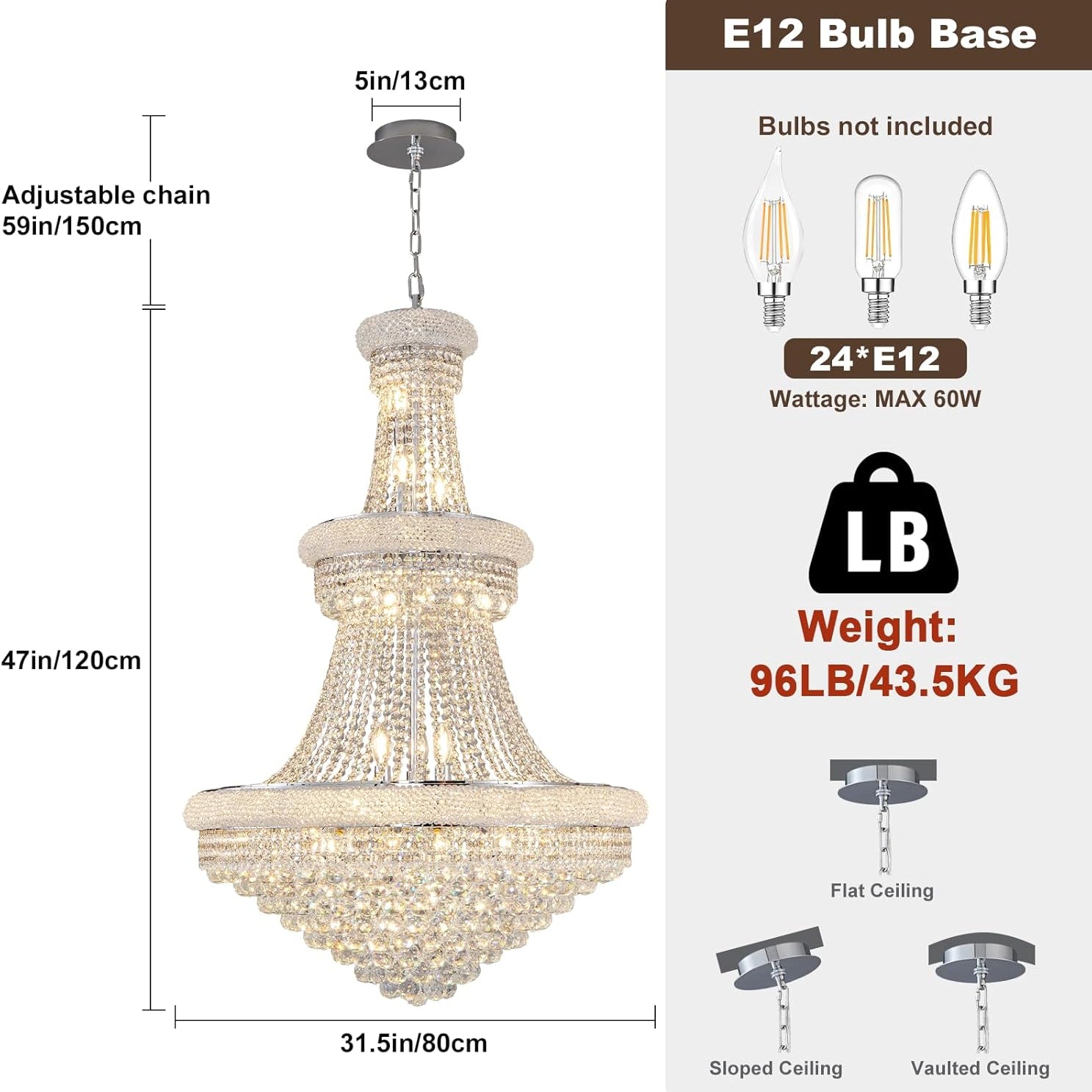 BEIRIO Chrome 24-Light Crystal Chandelier for High Ceilings