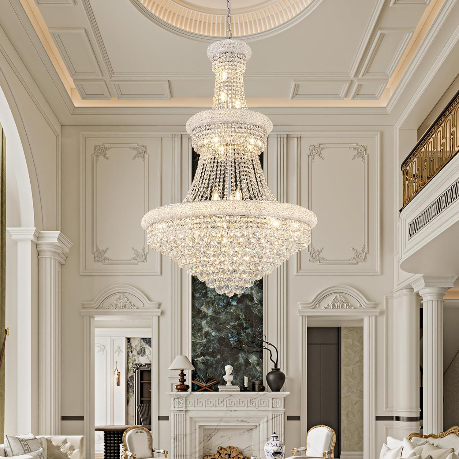 BEIRIO Chrome 24-Light Crystal Chandelier for High Ceilings