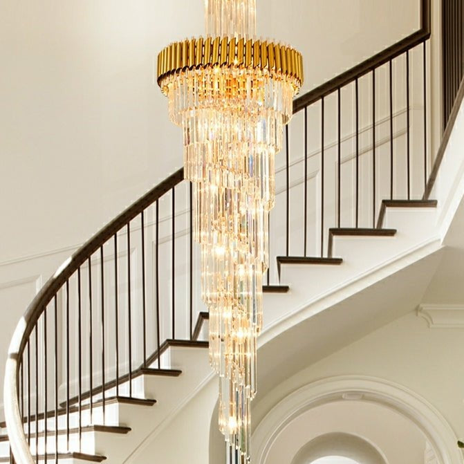 Classic Large Multi - layered Spiral Crystal Chandelier for Foyer/ Staircase - D17.7"*H59.1"/12 Lights/16 kgBlackWhite LightBlushlighting