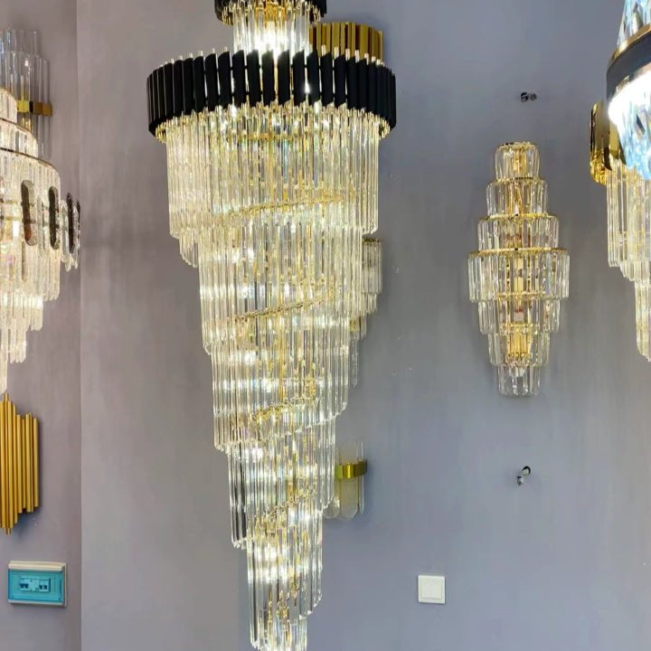 Classic Large Multi - layered Spiral Crystal Chandelier for Foyer/ Staircase - D31.5"*H118"/35 Lights/39 kgBlackWarm LightBlushlighting